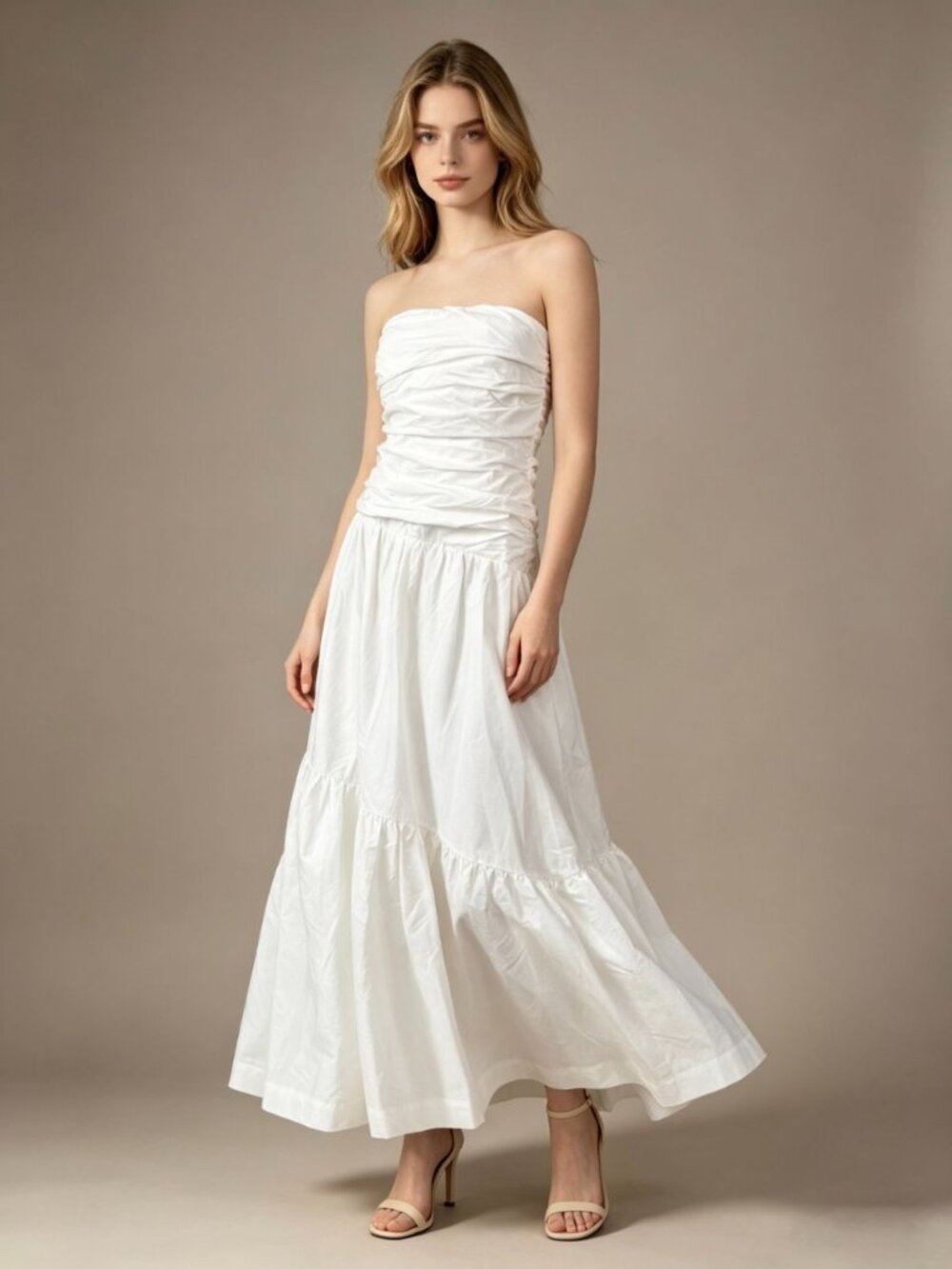 FARM Rio White Strapless Ruched Midi Dress